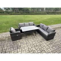 Fimous - 7 Sitzer Rattan Garten Sofa Set Gartenmöbel Langer Rechteckiger Esstisch mit Sessel Dunkelgrau gemischt