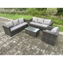 7 places Salon de jardin en rotin avec Table basse Fauteuil Mélange gris foncé - Fimous