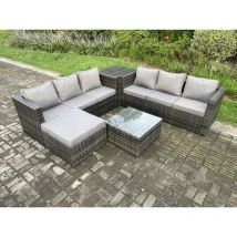 7 places Mobilier de jardin extérieur en rotin avec Tables d'appoint Table basse carrée grand tabouret Mélange gris foncé - Fimous