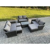 Fimous - 7pc Rattan Sofa Garden Furniture Outdoor Patio Set with 3 Footstools Double Seat Sofa Dark Grey Mixed