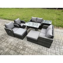 8 places Ensemble de canapé en rotin extérieur avec Table à manger rectangulaire Table d'appoint 2 Grand tabourets Gris foncé mixte - Fimous