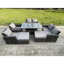 8 Places Ensemble de meubles de jardin en rotin Table à manger réglable en hauteur ave 2 Grand Tabouret Canapé deux places Chaises Gris foncé - Fimous