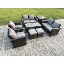8 Places Gris foncé Ensemble de canapés en rotin Table basse ave Canapé d'amour Fauteuil Table d'appoint 2 Petit Tabouret - Fimous