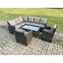 Fimous - 8 Seat Rattan Garden Furniture Corner Sofa Set Outdoor Patio Chair Sofa Table Set Dark Grey Mixed