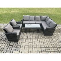 Fimous - 8 Seat Rattan Garden Furniture Corner Sofa Set Outdoor Patio Sofa Chair Table Set with Cushions Dark Grey Mixed