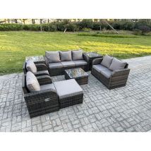 Fimous 8 Seater Garden Furniture Set Rattan Outdoor Lounge Sofa Chair With Tempered Glass Table 2 Side Tables Big Footstool Dark Grey Mixed