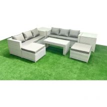 8 Seater Garden Outdoor Rattan Furniture Set Rattan Garden Sofa Oblong Coffee Table with 2 Big Footstools 2 Side Tables Light Grey Mixed - Fimous