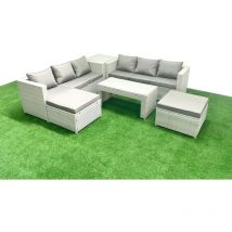 8 Seater Garden Outdoor Rattan Furniture Set Rattan Garden Sofa Oblong Coffee Table with 2 Big Footstools Side Table Light Grey Mixed - Fimous
