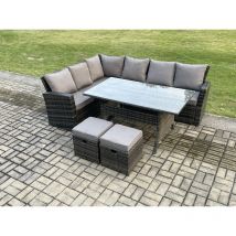 Fimous - 8 Seater Garden Rattan Furniture Corner Dining Set with 2 Small Footstools Indoor Outdoor Lounge Sofa Set