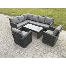 Fimous - 8 Seater Outdoor Rattan Garden Furniture Set Corner Sofa Oblong Coffee Table Sets with Patio 2 Armchairs Dark Grey Mixed
