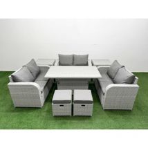 Fimous 8 Seater PE Wicker Rattan Furniture Sofa Sets with Adjustable Lifting Dining or Coffee Table 2 Seater Love Sofa 2 Stool 2 Side Table Light Grey