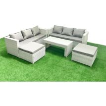 8-sitzer Gartenmöbel-set Im Freien Polyrattan Garten Sofa Rechteckiger Couchtisch Set Mit 2 Hohen Hockern Hellgrau Gemischt - Fimous