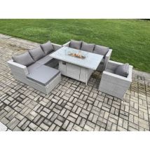 Fimous 8-Sitzer Polyrattan Gartenmöbel Set mit 2 Sofa, Gas Feuertisch und Großer Hocker,Sessel Outdoor Terrassen Essgruppe Helles Grau