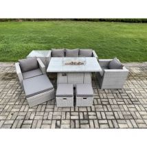 Fimous - 8-Sitzer Polyrattan Gartenmöbel Set mit Sofa, Gas Feuertisch und 2 Sessel,Beistelltisch,3 Hocker Outdoor Terrassen Essgruppe Helles Grau
