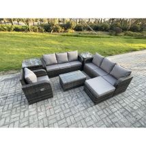 Fimous - 8-Sitzer Rattan Gartenmöbel Sofa Set Tisch & Stühle Set mit 3-Sitzer Sofa Liegestühle 3-Sitzer Sofa 2 Beistelltischen 2 Großer Hockern