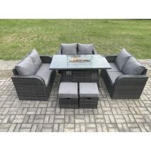 8 places Salon de jardin Gas Fire Pit Table avec 2 Petits poufs Love Sofa Mélange gris foncé - Fimous