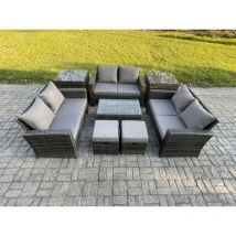 8pc Rattan Sofa Garden Furniture Outdoor Patio Set with 2 Side Tables 2 Small Footstools Love Seat Sofa Dark Grey Mixed - Fimous