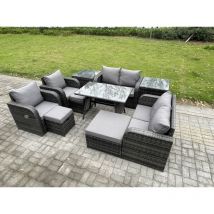 9 places Ensemble de canapé en rotin extérieur avec Table à manger rectangulaire 2 Tables d'appoint 3 Tabourets Gris foncé mixte - Fimous