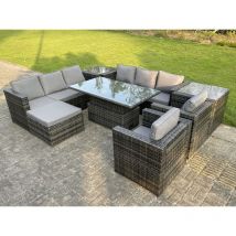 9 Places Extérieur Rotin Meubles De Jardin Réglable Table Élévatrice Avec 2 Côtés Table Basse Chaises Repose - Pieds - Fimous