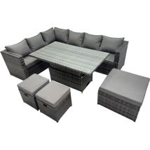 9-seater Height Adjustable Rising Lifting Table Corner Sofa Set Rattan Garden Furniture Dining Set with 3 Stools Dark Grey Mixed - Fimous