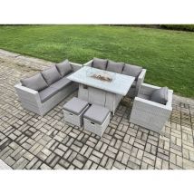 9 Seater Outdoor Garden Dining Sets Rattan Furniture Gas Fire Pit Dining Table Gas Heater with Armchair 2 Small Footstools Light Grey - Fimous