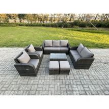 Fimous 9 Seater Rattan Wicker Garden Furniture Patio Conservatory Sofa Set with Rectangular Coffee Table 3 Seater Sofa Love Sofa 2 Small Footstools