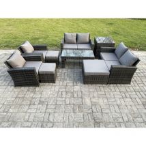 9-Sitzer Dunkelgrau Gemischt Hoher Rücken Rattan Sofa Set Couchtisch Gartenmöbel Sitzgruppe mit Liebes-Sofa Lehnstuhl 3 Hocker Beistelltische - Fimous