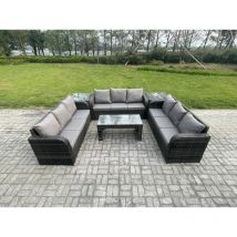 9-Sitzer Garten Sofa im Freien Set Polyrattan Gartenmöbel Set mit Rechteckiger Couchtisch 2 Beistelltischen 3-Sitzer Sofa Dunkelgrau Gemischt - Fimous