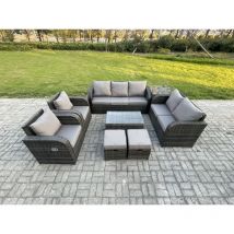 Fimous - 9-Sitzer Hoher Rücken Rattan Gartenmöbel Sets mit Rechteckiger Couchtisch 3-Sitzer Sofa Love Sofa 2 kleine Fußhockern Beistelltisch