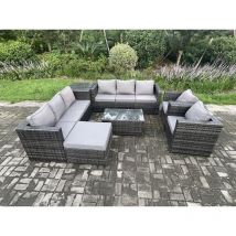 Fimous 9-Sitzer Outdoor Lounge Sofa Set Wicker PE Rattan Gartenmöbel Set mit 2 Sessel Oblong Couchtisch Beistelltisch Großer Fußhocker Dunkelgrau