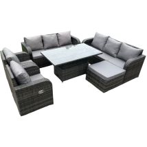 Fimous 9-Sitzer PE Rattan Outdoor Gartenmöbel Sets Höhenverstellbare aufsteigende DiningTable Sofa Set mit Liegestuhl Beistelltisch Dunkelgrau