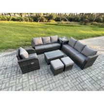 Fimous - 9-Sitzer Rattan Gartenmöbel Sofa Set Tisch & Stühle Set mit 3-Sitzer Sofa Liegestühle 3-Sitzer Sofa Beistelltisch 2 kleine Fußhockern