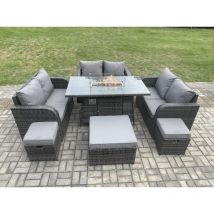 Fimous 9 places Salon de jardin Gas Fire Pit Table avec Love Sofa 3 Tabourets Mélange gris foncé