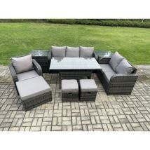9 Teil Garten Rattanmöbel Esstisch Sofa Set mit Liegestuhln 2 Beistelltischen 3 Fußhockern Dunkelgrau gemischt - Fimous