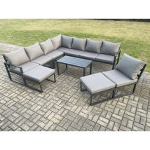 Fimous - Aluminium 10 Seater Patio Outdoor Garden Furniture Lounge Corner Sofa Set with Oblong Coffee Table 2 Big Footstools Dark Grey