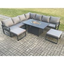 Fimous - Aluminium 9 Seater Garden Furniture Outdoor Set Patio Lounge Sofa Gas Fire Pit Dining Table Set with 2 Big Footstools Dark Grey
