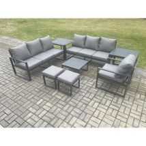 Fimous Aluminium 9 Seater Outdoor Garden Furniture Lounge Sofa Set with Square Coffee Table Chair 2 Small Footstools 2 Side Table Dark Grey