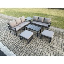 Fimous Aluminium Patio Outdoor Garden Furniture Lounge Sofa Set with Oblong Coffee Table 2 Big Footstools Side Table Dark Grey