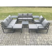 Fimous Aluminium Patio Outdoor Garden Furniture Lounge Sofa Set with Square Coffee Table 2 Chairs 2 Side Tables 2 Big Footstool Dark Grey