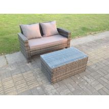 Dunkelgrau Gemischt Hoher Rücken Rattan Gartenmöbel Set 2-Sitzer Liebessitz-Sofa mit Oblong Couchtisch - Fimous