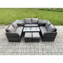 Ensemble de meubles de jardin en polyrotin 8 Pièces avec Table basse rectangulaire Canapé à deux places 2 Petits tabourets 2 Tables d'appoint - Fimous