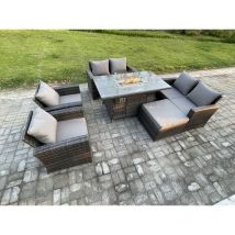 Ensemble de meubles de jardin en rotin 7 Places Foyer à gaz Table à manger Set ave Canapé deux places Grand Tabouret Gris foncé - Fimous