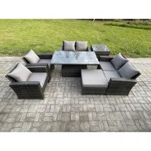 Fimous Ensemble de meubles de jardin en rotin 7 Places Table élévatrice Sofa Set ave Canapé deux places Table d'appoint Grand Tabouret Gris foncé