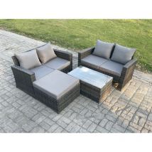 Ensemble de meubles de jardin en rotin ave Table basse rectangulaire Canapé deux places Grand Tabouret 5 Places Gris foncé - Fimous