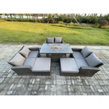 Ensemble de meubles de jardin en rotin Canapé Chaise Table de foyer à gaz Set ave 2 Grand Tabouret - Fimous