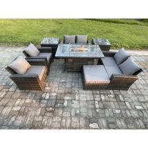 Ensemble de meubles de jardin en rotin Foyer à gaz Table à manger Set ave Canapé deux places 2 Table d'appoint Grand Tabouret Gris foncé - Fimous
