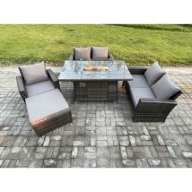 Fimous - Ensemble de meubles de jardin en rotin Table de foyer à gaz Sets Chauffage au gaz ave Canapé deux places Chaise Grand Tabouret 6 Places Gris