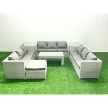 Ensemble de meubles d'extérieur en rotin 10 places avec Table basse oblongue Grand tabouret 2 Tables d'appoint Gris clair mixte - Fimous