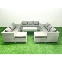 Ensemble de meubles d'extérieur en rotin 11 places avec Table basse oblongue 2 Grand tabourets Gris clair mixte - Fimous