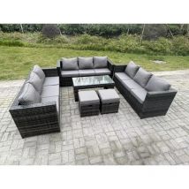 Extérieur en rotin salon de jardin canapé ensemble avec Table basse rectagulaire 2 tabourets - Fimous